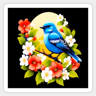 Cute Blue Bird Surrounded by Bold Vibrant Spring Flowers Sticker